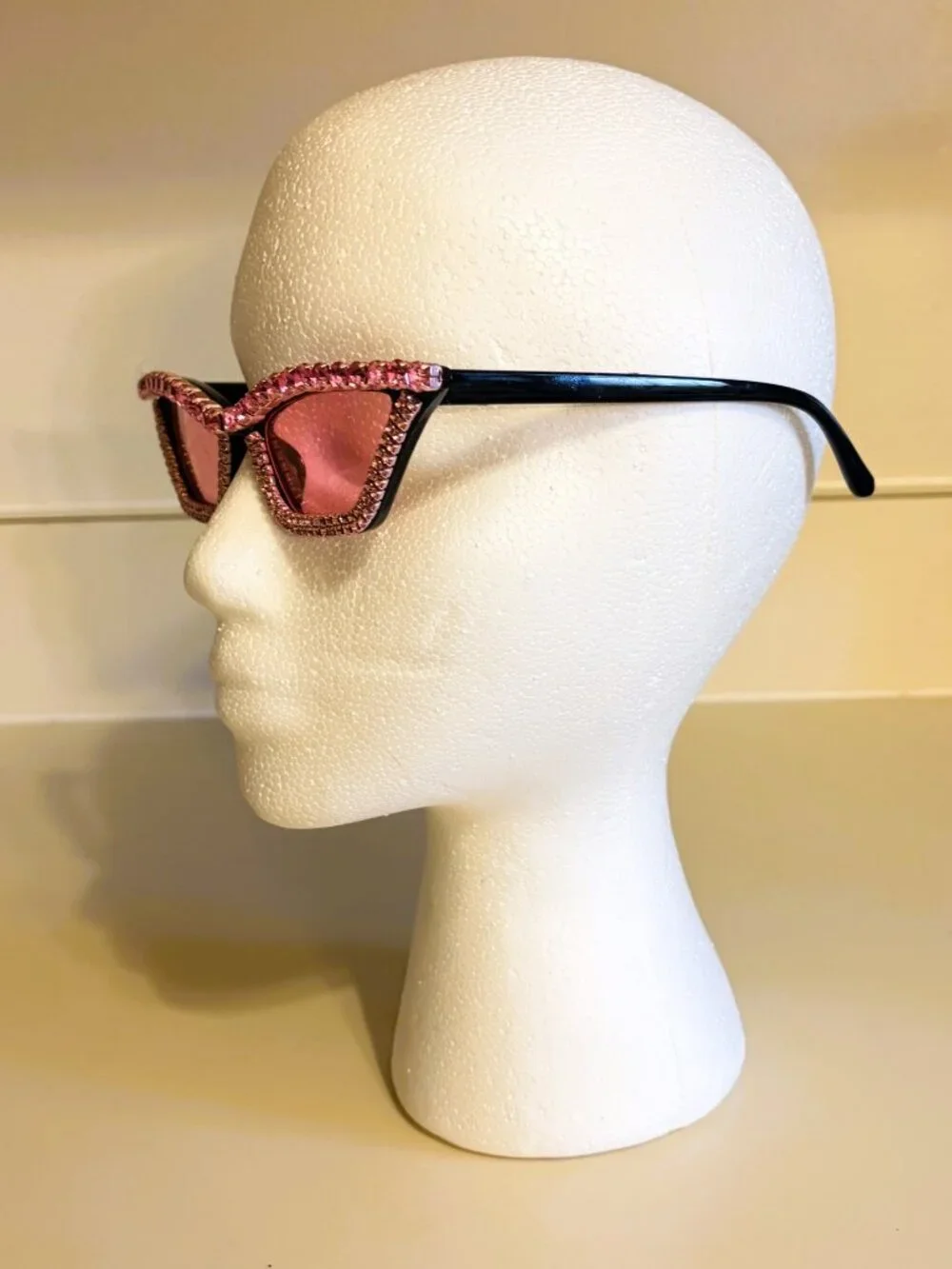 Vintage 1950s MCM Black Cat Eye Sunglasses w/ Pink Starburst & Rhinestone Design